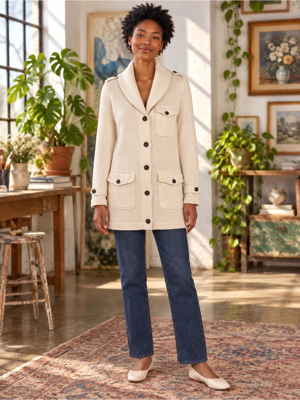 Eddie Bauer Linen Cotton Utility Cardigan Shawl Collar Cream Small Coastal